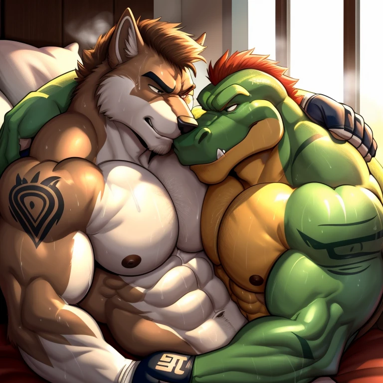 Duo male(Brown Wolf vs Green Gator, handsomes, handsome hairstyle, Thick eyebrows, detailed face), gay(Lying down, cuddling embraced, body with body, face to face, on a bed match), hot(Shirtless), handsomes(They are handsomes, correct anatomy), musculosos(Big muscle bodies, Six packs, muscle abs, big pecs), sweaty(very sweaty wet bodies, shiny sweat), tatuajes(they have tattoos), grumpy(Both have an grumpy expression, grumpy teeths, steaming breath), UFC gloves(They both are wearing UFC gloves), Hight resolution, by(Zourik:1.1)