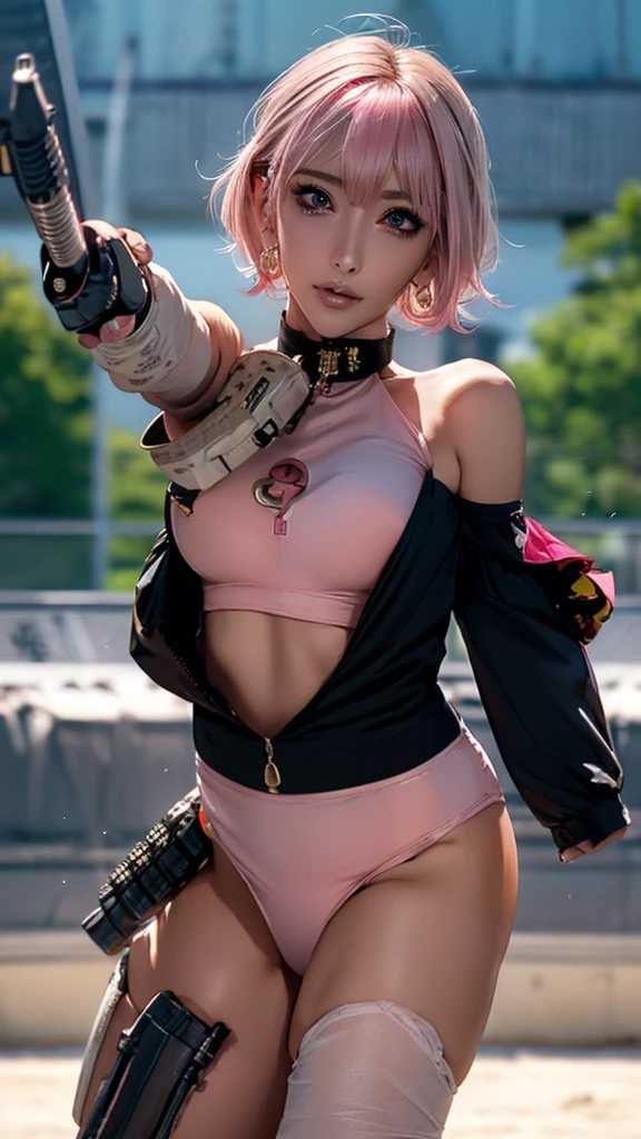 (Highest quality), Realistic, (live-action),(Short Hair,Sharp bangs)Highest quality,Highest quality,8k images,Pink Hair,High heels,Small face,((Big Breasts))Leg spread、1 gun,(((Point the tip of your gun towards the camera:1.6))),Highest quality32K(In combat)