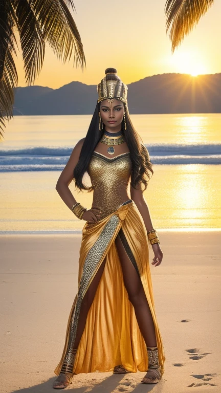 hyper realistic, ultra detailed photograph of a woman with in futuristic headwear inspired by an ancient Egypt queen, Cleopatra headwear, Womens Black Egyptian Goddess Cleopatra Costume with gold decorations, snake, gold, silver, stones, scarab beetle, microchips, integrated electric circuits, brown skin, slim body, dark hair, latina, Salma Hayek look, golden hour, warm sunlight fractal details, full body pose, natural pose, depth of field, HOF, hall of fame, detailed face, model facing camera, beach with palm trees, orange sunset, orange sun, tropical beach, professional photographer, captured with professional DSLR camera, ultra detailed, ultra accurate detailed, bokeh, cinematic, intricate, epic, freckles, detailed mascara,