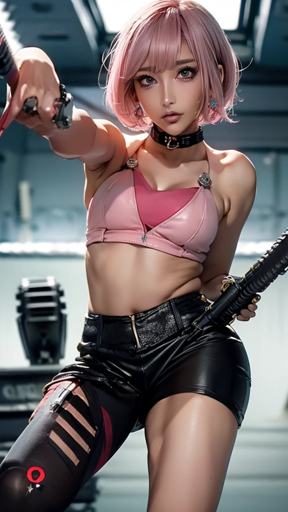 steampunk sexy Spanish woman, steampunk tresor, pips all over, (pink polyvinyl Jacket With Rivets:1.3), (blonde hair:1.4), (open zipper:1.5), (sexy:1.5), (erotic:1.5), best quality, sunlight, detailed face, gorgeous eyes, realistic skin details, high quality, seen from below, translucent, (voluptuous:1), sensual, lascivious, dominant, romantic, high quality, film grain, Cinematic Light, side lighting, sharp focus