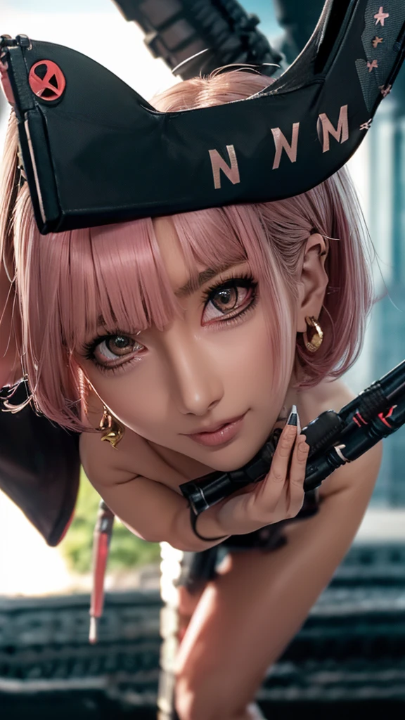 (Highest quality), Realistic, (live-action),(Short Hair,Sharp bangs)Highest quality,Highest quality,8k images,Pink Hair,High heels,Small face,((Big Breasts))Leg spread、1 gun,(((Point the tip of your gun towards the camera:1.6))),Highest quality32K(In combat)