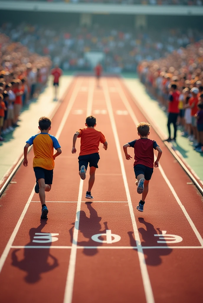 Upper view 50 m running within three boys ,instructer waiting to stop them when they reach 50 m , mention 50 m written on lane , all this happening within stadium with audiance , upper view from cloud which that drone is capturing their image from sky upper view is important