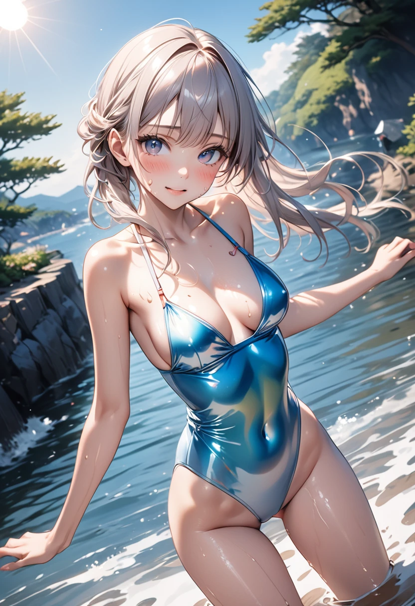 (((Japanese Landscape))), (((Swimming in the sea))), ((Swimsuit)), (((sun tan))), ((Shiny Costumes)), skindentation, skinny, solo, 1 woman, Masterpiece, highest quality, highest quality, 16K, incredibly absurd, highly detailed, 2.5D, ai-generated, delicate and dynamic, very delicate facial expressions, delicate eye depiction, erotic, only sexy woman, ((A cute and kind face)), healthy figure, ((25-year-old woman)), 160cm tall, medium firm swaying bust, Sweat,Embarrassed,sexy, ((thin thighs)), (camel toe:0.7), , (Erect nipples,:0.7), shiny and lustrous, facing straight at viewer, (((in heat))), ((Oily_skin)), ((Lots of sweat)), ((dutch angle)), ((erotic pose)), (((Very dynamic pose))), The countryside by the sea in Japan, the sea in midsummer, summer vacation,
