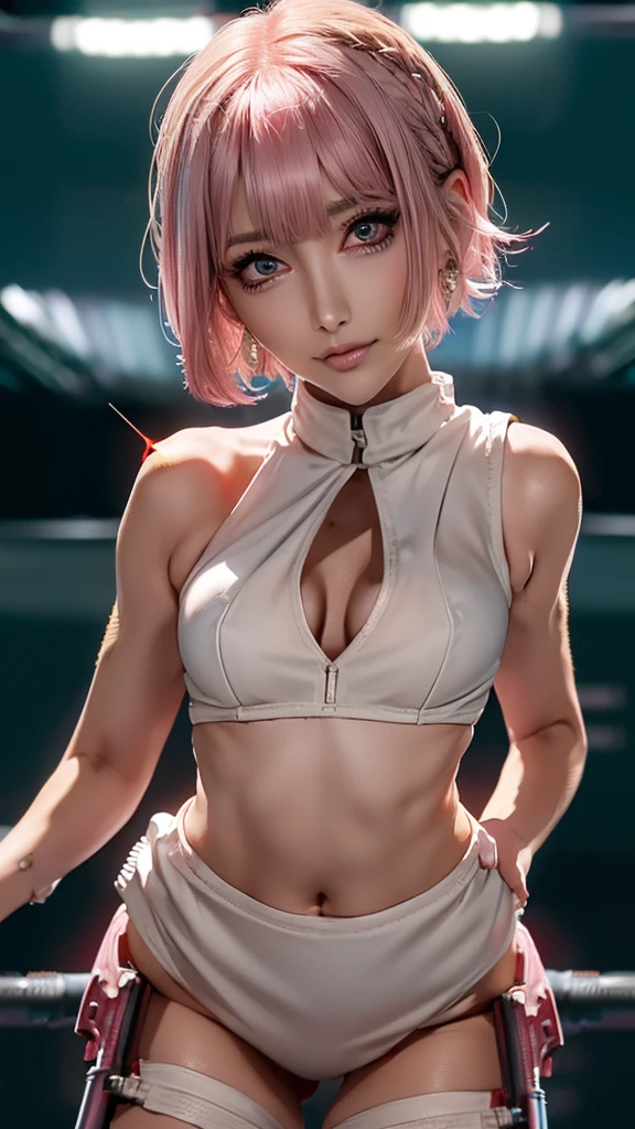 (Highest quality), Realistic, (live-action),(Short Hair,Sharp bangs)Highest quality,Highest quality,8k images,Pink Hair,High heels,Small face,((Big Breasts))Leg spread、1 gun,(((Point the tip of your gun towards the camera:1.6))),Highest quality32K(In combat)