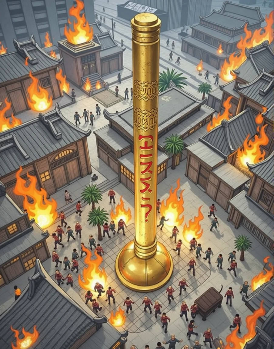 (Aerial view: 1.6), A huge golden cudgel is firmly planted in the ground. The impressive golden cudgel is engraved with intricate red runes, similar to the style of ancient runes, The surrounding scene is in chaos and flames, and the building is burned by the raging fire. The frightened people are running away in terror, with pure fear written on their faces, This work is presented in traditional line art, reminiscent of pre-1912 anime, full of bright and bold colors.