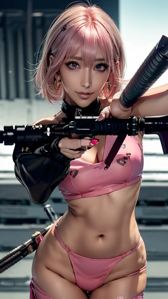 (Highest quality), Realistic, (live-action),(Short Hair,Sharp bangs)Highest quality,Highest quality,8k images,Pink Hair,High heels,Small face,((Big Breasts))Leg spread、1 gun,(((Point the tip of your gun towards the camera:1.6))),Highest quality32K(In combat)
