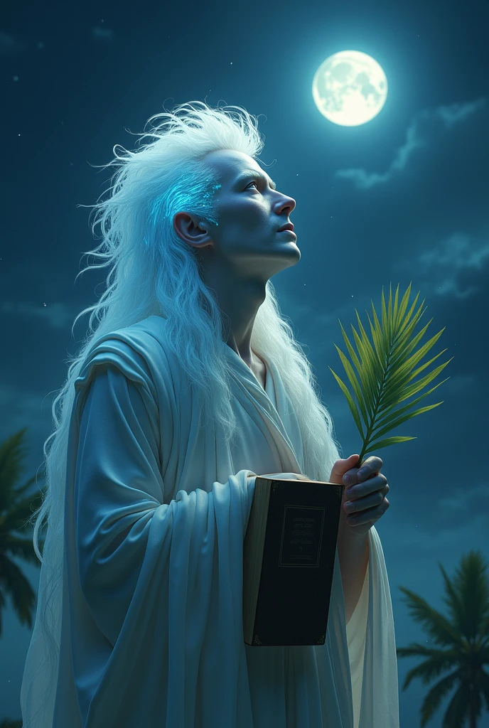 Generates a man with slime and white hair, looking at the sky with a white tunic and a glow coming out of his head, in his hands a palm leaf and a book, with a night background with the moon and stars