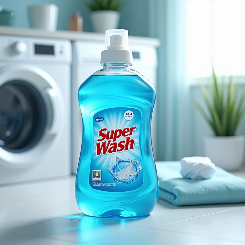 Super wash logo on liquid detergent Ocean Blue transparent clear liquid bottle with Laundry background and wishing machine with family