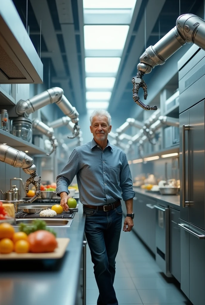 George in a high-tech kitchen with robotic arms doing chores