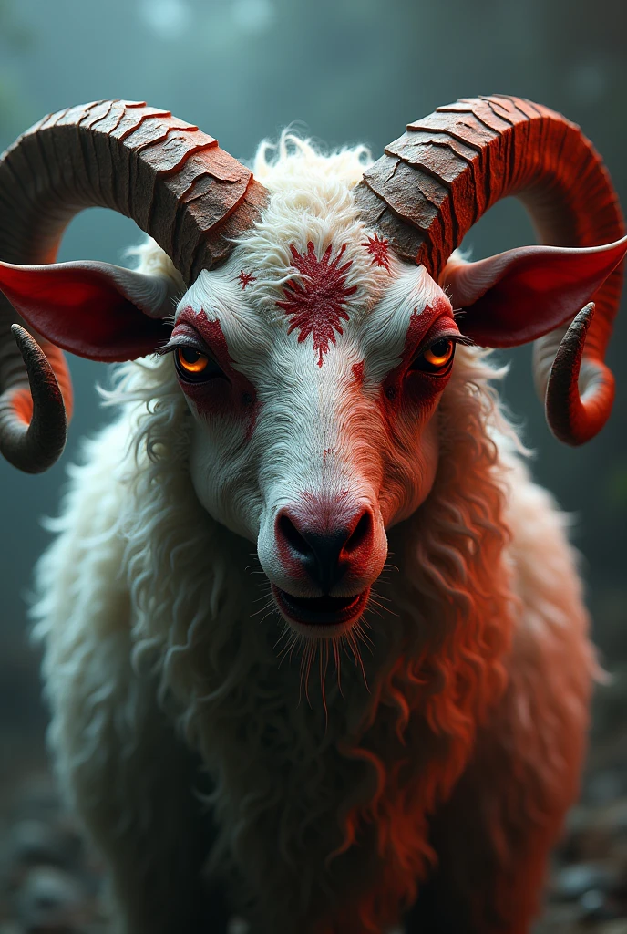 a mutant sheep face with red torn skin, buffalo-like features, wide wings, and a devil-like appearance, highly detailed, digital painting, concept art, cinematic lighting, vibrant colors, photorealistic, 8k, best quality