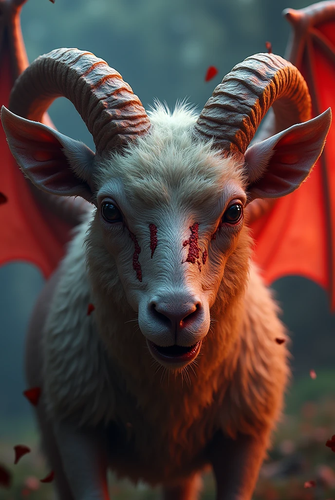 a goat headed demon with big horns, strong beefy upper body, blood body paints,  furs, ((claws, wings)),  demonic armor, blood splatters,  skulls on the floor, necromancer ritual , medieval,  dark room, dim light,
masterpiece, realistic, oil painting
<lora:aToZovyaRPGArtists_v2Art:0.5> <lora:darkRedVampire_v10:1>