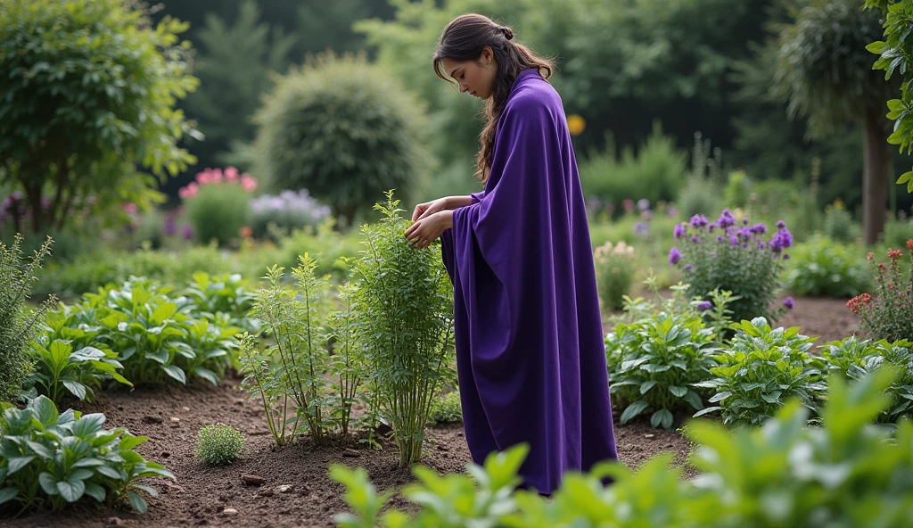 woman with violet priestess cloak, working on the VARIOUS HERB BED in your home garden, convey depth, many HERBS
