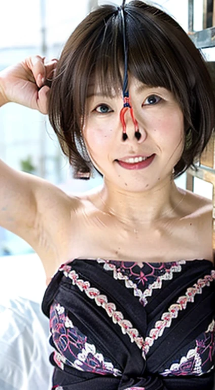 (Realistic:1.3、Ultra HD、Ultra-high resolution、8k、Japanese actress、Bedroom、On the bed)、((Viewer:1.8))、(Extremely realistic skin texture:1.4)、(Realistic:1.3)、short hair、(Embarrassed expression:1.6)、(blonde:1.1)、(40 years old女性、Mature Woman)、Updo、(Raise both arms to show your armpits:1.4)、(Face close-up:1.5)、Slim figure、Small breasts、Both hands are tied, Highest quality, masterpiece, Ultra-high resolution, (Realistic:1.4), RAW Photos, One person, Beautiful Japanese Women, Beautiful Skin, Black Hair:1.7, gakki, ((short hair:1.5)), 40 years old, Smile happily:1.2,