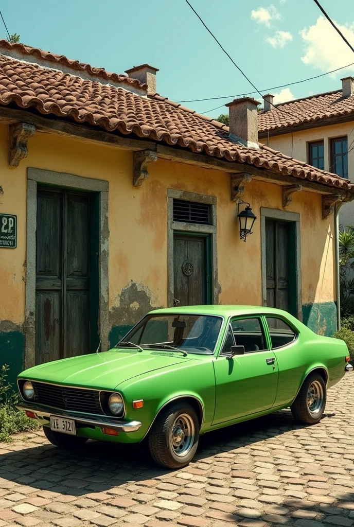 Green Chevette car in front of old house and cobblestone street in northeastern Brazil
