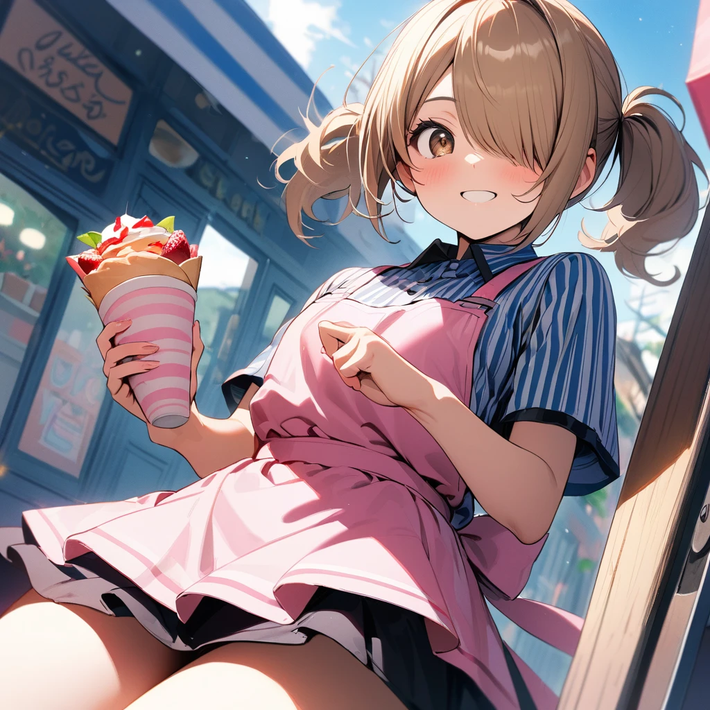 1 idol,solo,yo,amazing quality, aesthetic, aesthetic,ultra-detailed face,detailed eyes,round eyes,brown eyes,milktea beige hair,hair over one eye,short twin tail hair,vertical stripes pattern Multicolor Short sleeves Shirt,Tight skirt,pink apron, Perfect hands, perfect fingers,(holding a crepe from Harajuku that is an inverted triangle with a circle on top),happy,Looking at viewer,Blue sky,Hands out the door of a wagon-shaped crepe shop,rim light,Dynamic angle,highly detailed illustration,masterpiece,8K,top quality,Beautiful detailed background