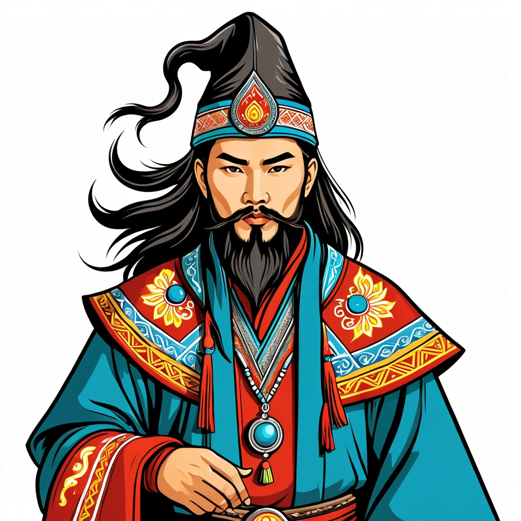 hungarian warlock in mongolian folk outfit, vector graphics, strong contours, white background
