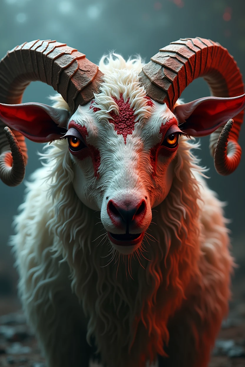 a mutant sheep face with red torn skin, buffalo-like features, wide wings, and a devil-like appearance, highly detailed, digital painting, concept art, cinematic lighting, vibrant colors, photorealistic, 8k, best quality