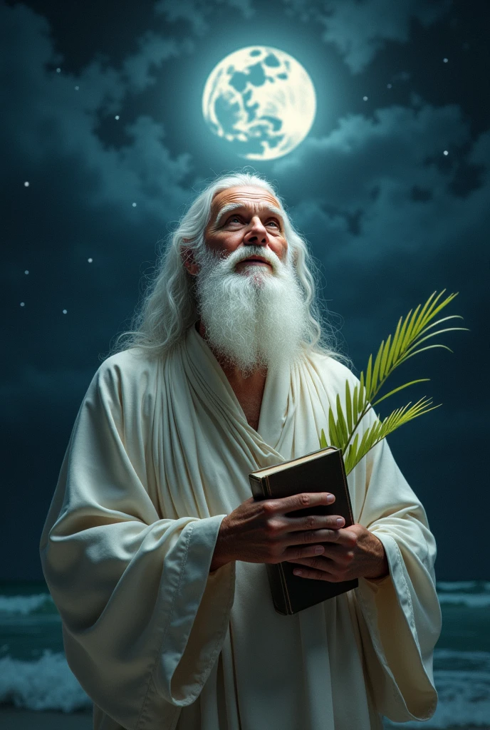 Generates a man with a beard and white hair, looking at the sky with a white tunic and a glow coming out of his head, in his hands a palm leaf and a book, with a night background with the moon and stars
