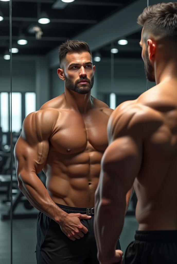 Create a super realistic image of a man posing in the mirror at the gym please