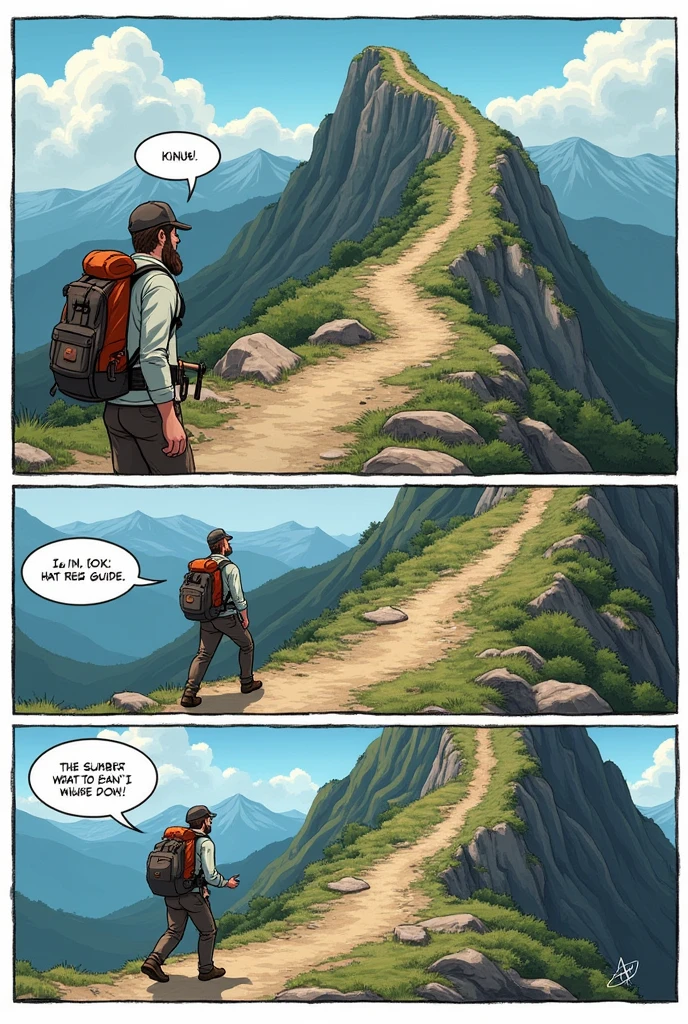4 panels of comic strip that shows this scenario:
Panel 1:
- Setting: A mountain peak with a challenging trail leading upward.
- Characters: Alex (the hiker) and a wise old guide.
- Dialogue:
- Alex: "This climb is tougher than I expected."
- Guide: "Remember, Alex, it's not about the destination; it's about the journey."
Panel 2:
- Setting: Alex continues climbing, sweat on their brow.
- Dialogue:
- Alex: "I'm exhausted. Should I turn back?"
- Guide: "Every step you take brings you closer to the top. Keep going!"
Panel 3:
- Setting: Alex reaches a steep section.
- Dialogue:
- Alex: "I can't do this!"
- Guide: "Fear and doubt are part of the climb. Trust yourself."
Panel 4:
- Setting: Alex stands at the summit, arms raised in victory.
- Dialogue:
- Alex: "I made it!"
- Guide: "And now you know: resilience conquers mountains."