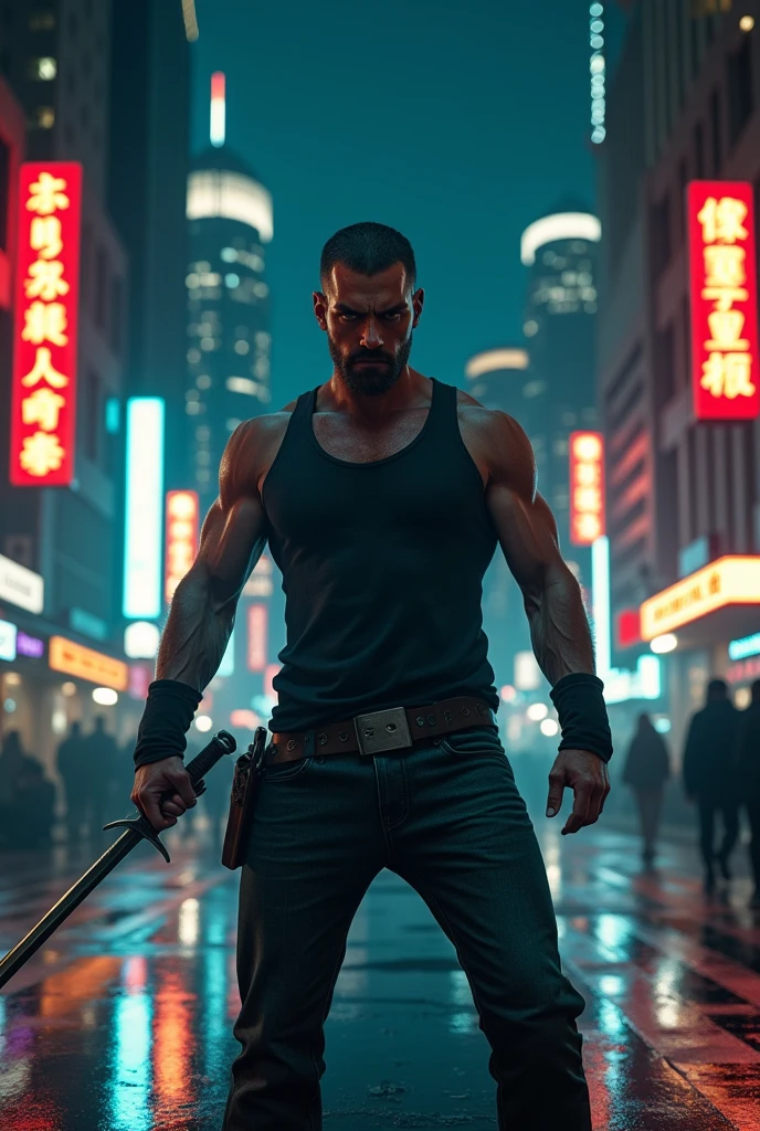 a man standing in the middle of a city street at night, holding a sword, with an angry expression, city lights and skyscrapers in the background, (best quality,4k,8k,highres,masterpiece:1.2),ultra-detailed,(realistic,photorealistic,photo-realistic:1.37),detailed facial features, detailed sword, dramatic lighting, moody atmosphere, cinematic composition, urban environment, neon lights, skyscrapers, reflections, dynamic pose, intense expression