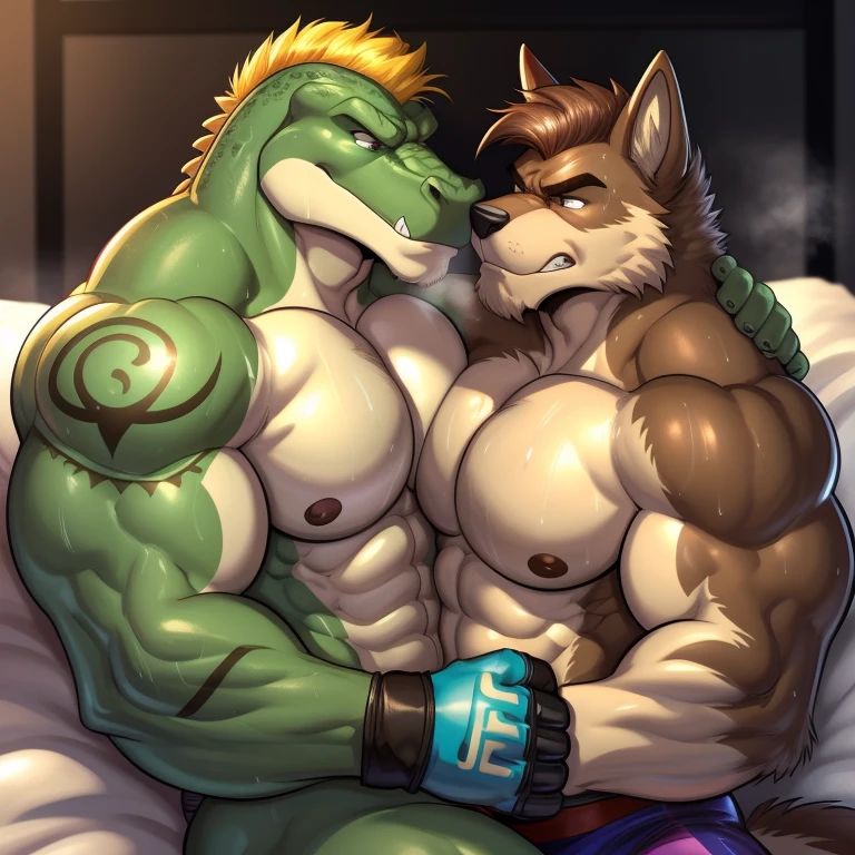 Duo male(Brown Wolf vs Green Gator, handsomes, handsome hairstyle, Thick eyebrows, detailed face), gay(Lying down, cuddling embraced, body with body, face to face, on a bed match), hot(Shirtless), handsomes(They are handsomes, correct anatomy), musculosos(Big muscle bodies, Six packs, muscle abs, big pecs), sweaty(very sweaty wet bodies, shiny sweat), tatuajes(they have tattoos), grumpy(Both have an grumpy expression, grumpy teeths, steaming breath), UFC gloves(They both are wearing UFC gloves), Hight resolution, by(Zourik:1.1)
