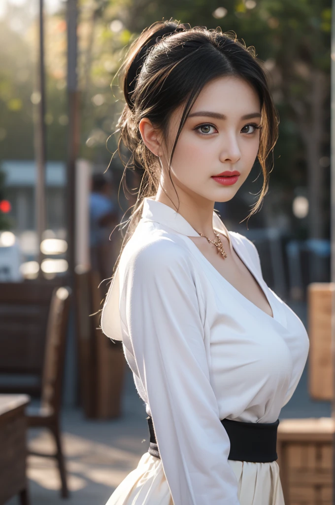 1 beautiful girl in Hanfu, ((black thin silk shirt)), long platinum purple ponytail Hair, Jewelry, ear jewelry, necklace and necklace, carefully drawn big purple eyes, carefully e up, thin eyebrows, high nose, beautiful red lips, no smile, pursed lips, rosy cheeks, wide chest, big breasts, well-proportioned breasts, slim waist, well-proportioned buttocks, purple fishnet stockings, Chinese Hanfu style, fictional art pattern, full of bright and realistic colors, RAW photo, Realistic photo, ultra-high quality 8k surreal photo, (effective magical light effect: 1.8), 10x pixels, magical effect (Background): 1.8), super detailed eyes, full body portrait of the girl, beach, dynamic pose
