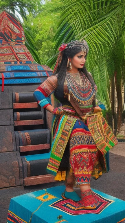Beautiful Aztec Goddess of war next to the Aztec god Tlaloc at the foot of an Aztec pyramid painted in typical colors of the Aztec culture