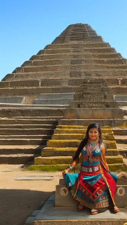 Beautiful Aztec Goddess of war next to the Aztec god Tlaloc at the foot of an Aztec pyramid painted in typical colors of the Aztec culture