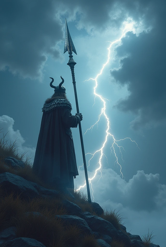 A giant spear, Gungnir, Odin the god of war and death, splitting the clouds, piercing the sky, clad in lightning bolts,