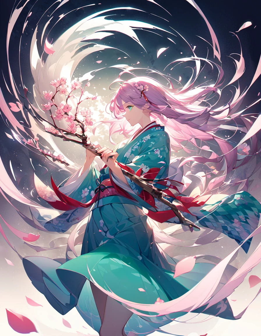 young woman、Long, light pink hair down to her waist、Jade green eyes、profile。white地に淡いpinkの桜柄の着物、濃いpinkと青のグラデーションの帯。Hair ornament with cherry blossoms and branches、Petals scattering。Square composition、背景に鮮やかなpinkとwhiteの市松模様、Some shadows and texture changes。Dynamic pose looking back to the left、Emphasise the twisting of the body。Her hair and kimono spread out as if dancing in the wind.、Swirling movement。Cherry blossom petals and branches surround the surroundings in a spiral shape.、Spreading outwards from the centre of the movement。pink、white、Jade Green、Black as the main color、turquoise blue、Lavender as an accent。The transparency of watercolors and the shading of ink。A gradient from the background to the character creates a sense of depth。Delicate depiction of each and every hair、Light reflection and shadow。The detailed embroidery and texture of the cherry blossom pattern on the kimono、The folds and shine of the fabric。The delicacy of cherry blossom petals and the strength of branches、Semi-transparent petals。Checkered background with shadows and texture、Ink bleeding or smudging。A fusion of anime style and Japanese painting、Modern interpretation。Coexistence of watercolors and digital brushes。The contrast between ink painting-style brushstrokes and delicate lines。masterpiece, best quality, ultra-detailed, intricate details, professional illustration。Swirling lines and shapes、Ink splash effect。Cherry blossom petals fluttering。Dynamic brush strokes blend the character and background。Distortion or deformation of part of the checkerboard pattern。Soft light source from the left、Light shadow on the right。Highlights and shadows in hair and kimono、Three-dimensional effect due to light reflection。The contrast of light and shadow on the petals and background。dynamic pose, flowing fabric, wind effect, cherry blossom petals, ink splash effect。traditional Japanese art, modern anime style, digital painting, watercolor texture。motion blur, depth of field, atmospheric perspective。Negative prompt: low quality, worst quality, blurry, pixelated, dull colors, simple background, stiff pose, anatomical errors。