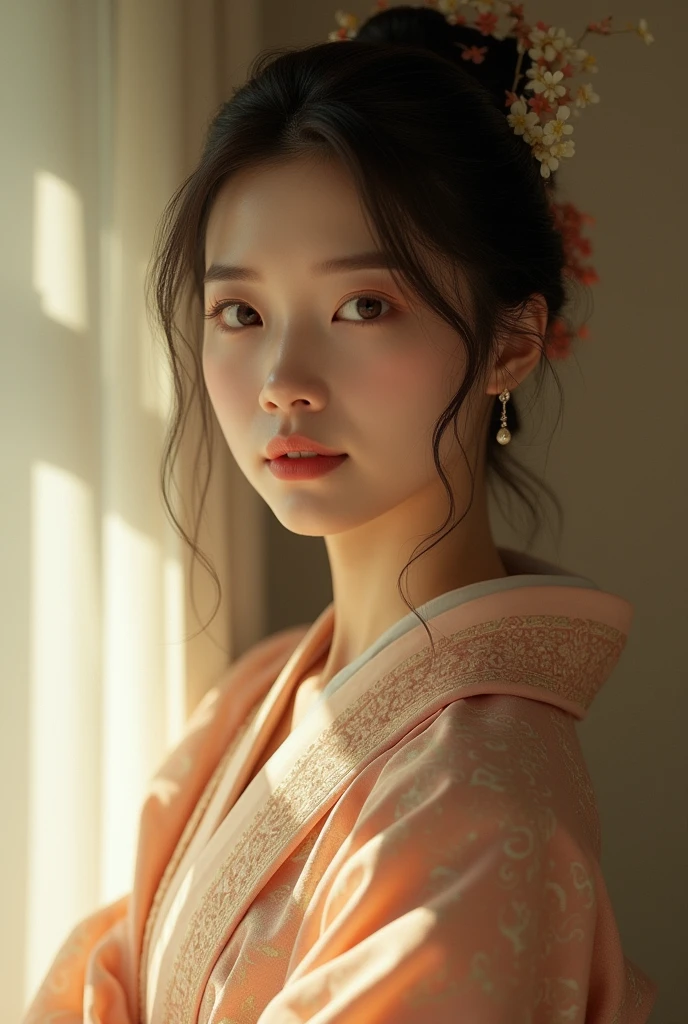 An elegantly dressed Japanese woman in natural light、A close-up of her chest and calm expression.、It shows her inner peace and outer charm.。