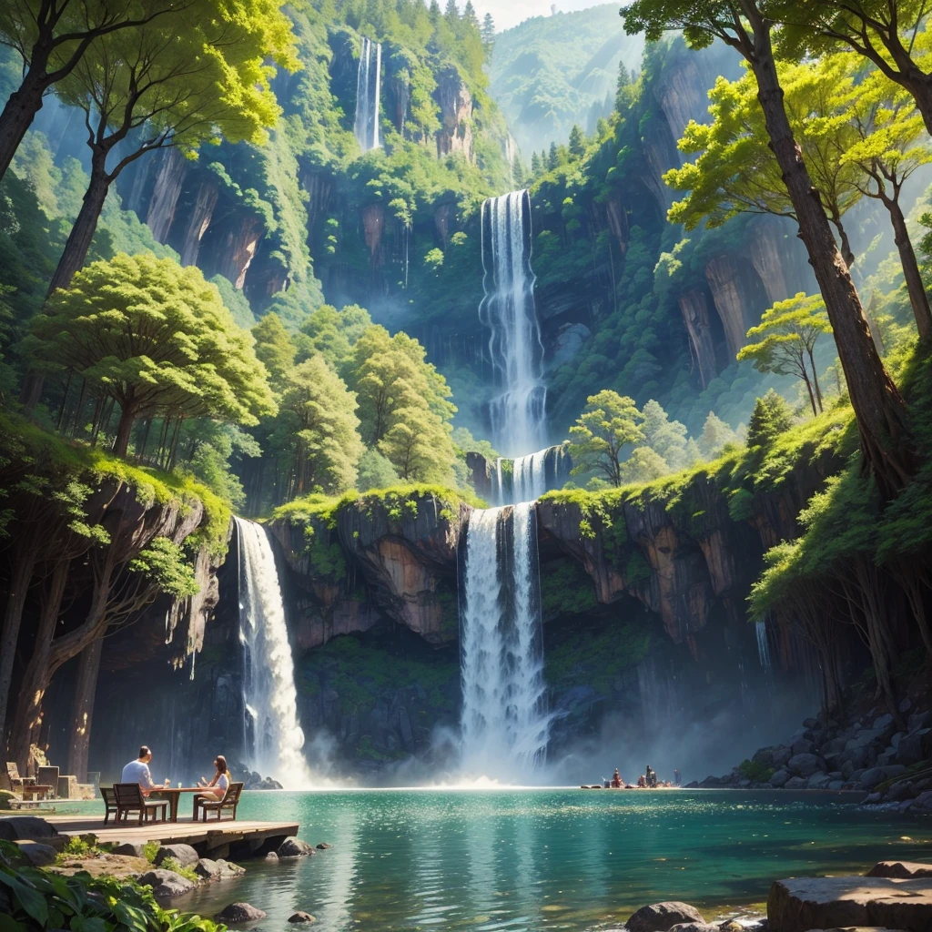 In a giant forest,masterpiece,barbecue,Giant ginkgo tree,Super high-end ingredients,steak,Huge waterfall,Beautiful views,Great view,Clean river,meat,Paradise,romantic,Drink,mysterious,Fantasy,perfection