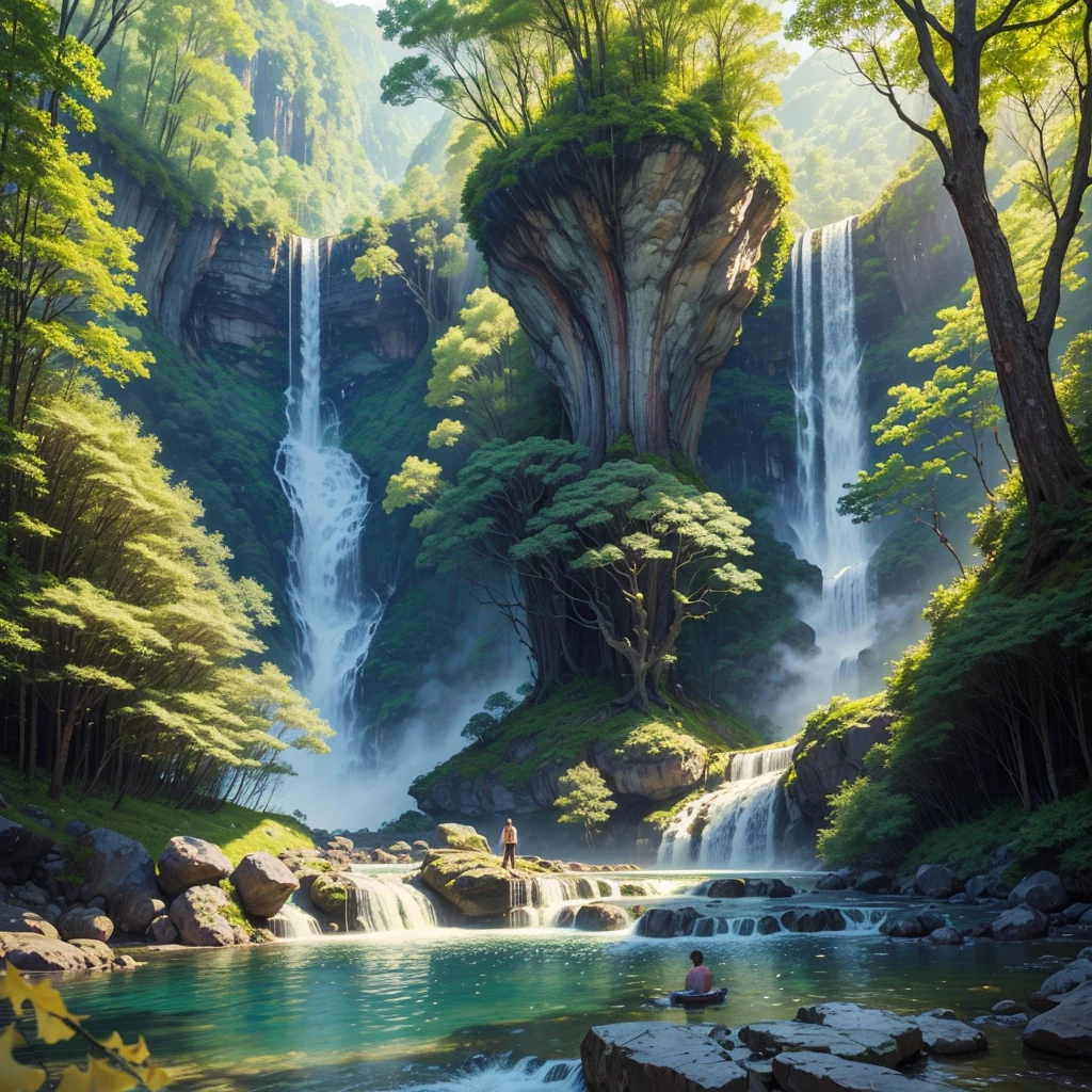 In a giant forest，masterpiece，barbecue，Giant ginkgo tree，Super high-end ingredients，steak，Huge waterfall，Beautiful views，Great view，Clean river，meat，Paradise，romantic，Drink，mysterious，Fantasy，perfection