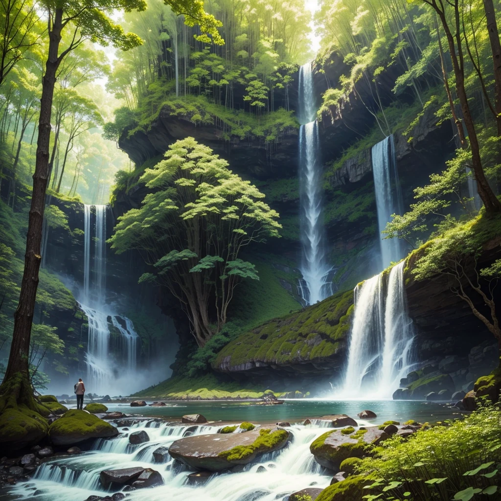 In a giant forest,masterpiece,barbecue,Giant ginkgo tree,Super high-end ingredients,steak,Huge waterfall,Beautiful views,Great view,Clean river,meat,Paradise,romantic,Drink,mysterious,Fantasy,perfection