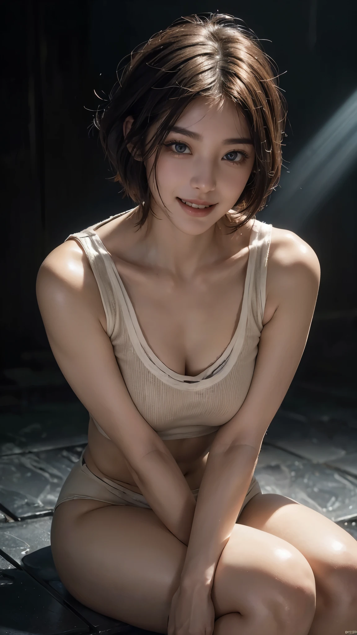 Highest quality、8k、32K、((Face Focus:1.43)、Cute Japanese、1 person、short hair、profile、(Get six-pack、Slim figure:1.2)、(lips) 、(Orange Hair)、double eyelid、Glowing Skin、Realistic light rays、big、Beautiful Face、(Laughter:1.3)、Squat、(From above:1.2)、(close:1.4)、Coastal、White T-shirt、Blurred Background、(Front Pin)、(dark: 1.6)、Fantasy art、Photorealistic、Professional Lighting、Highly detailed face、Award-winning、Deep Shadow、((Ultra-realistic raw photos)),Beautiful Eyes,Vivid eyes,Thin Hair,