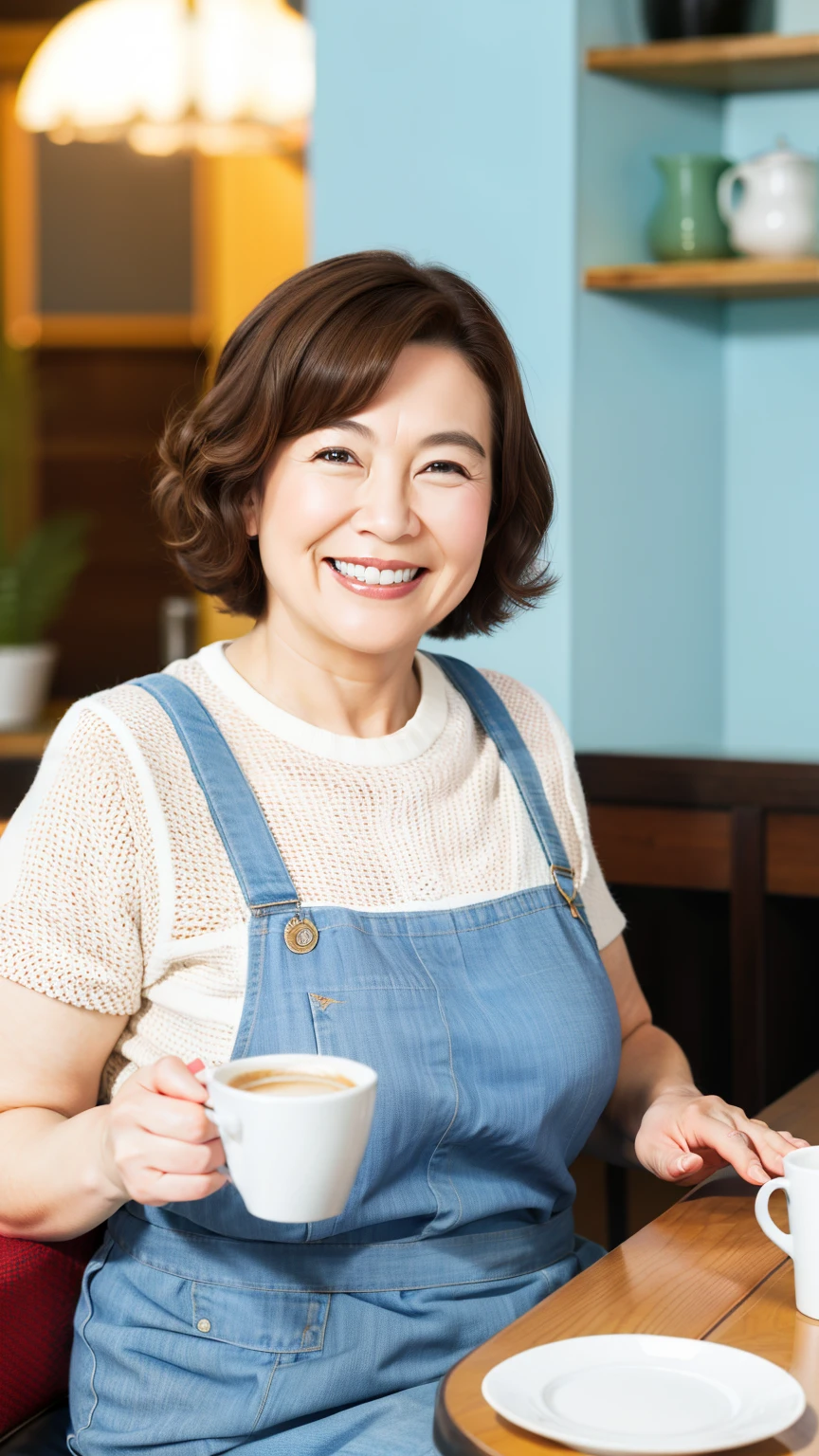 8k wallpaper, masterpiece, Highest quality, Very detailed, One Mature Woman, 50 years old, Become very clear, Wearing a short-sleeved knit, Skin dents, Captivating smile, Looking at the audience, No lapel microphone, Plump, Curvaceous, Attractive face, Smiling with teeth showing, I was happy, sitting in a cafe, Background Blur