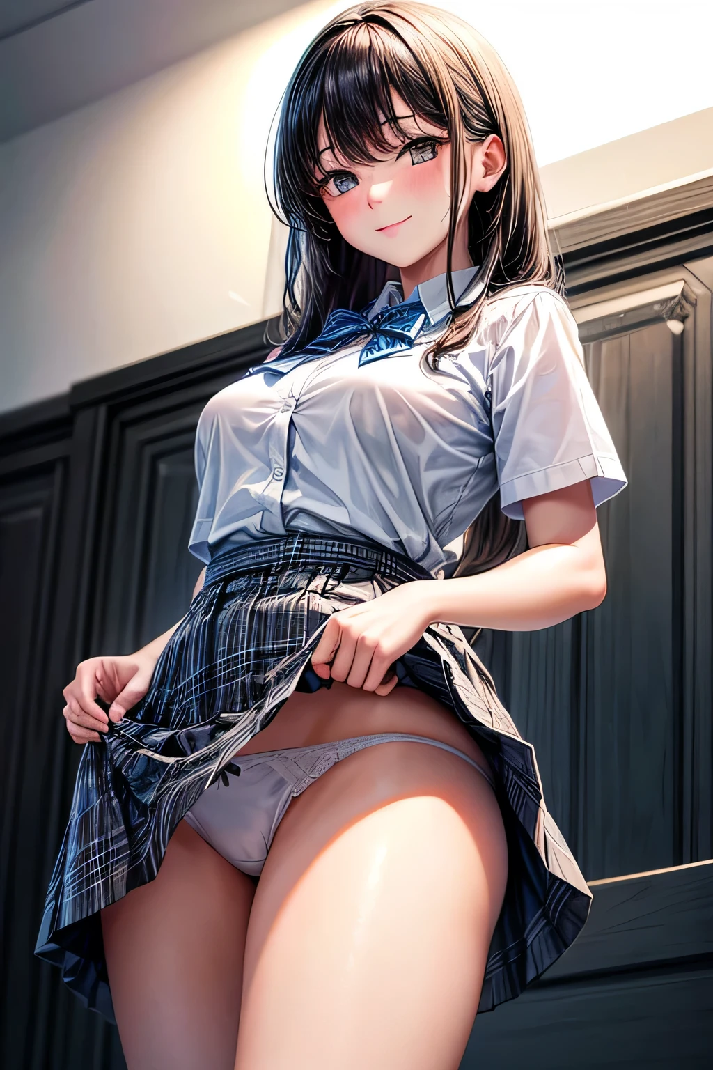 (masterpiece, best quality,ultra-detailed),nsfw,(cute and beautiful girl),collared short sleeve shirt, white shirt, school uniform, grey plaid pleated skirt, blue plaid bow tie,(skirt lift:1.4),BREAK,(white panties:1.2),(panty shot),BREAK,black hair,stand,cowboy shot,from below,shy smile