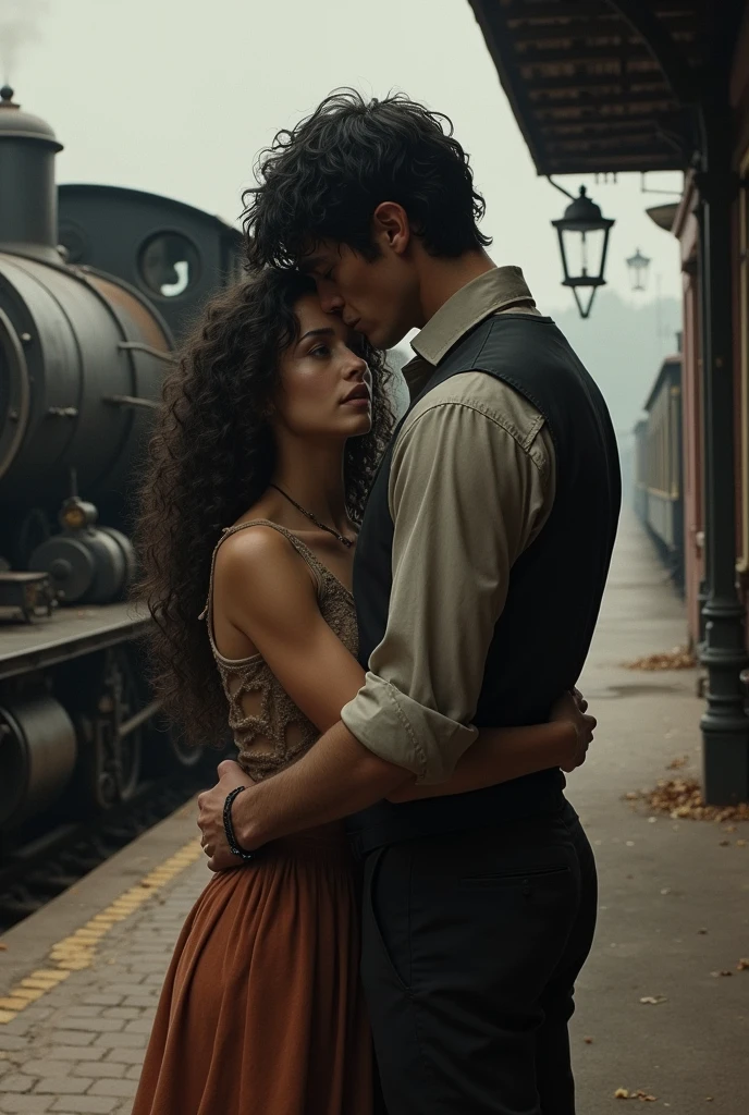 A tall, black-haired young man getting off an old train (1800). A woman with curly black hair hugs him, the man is upset