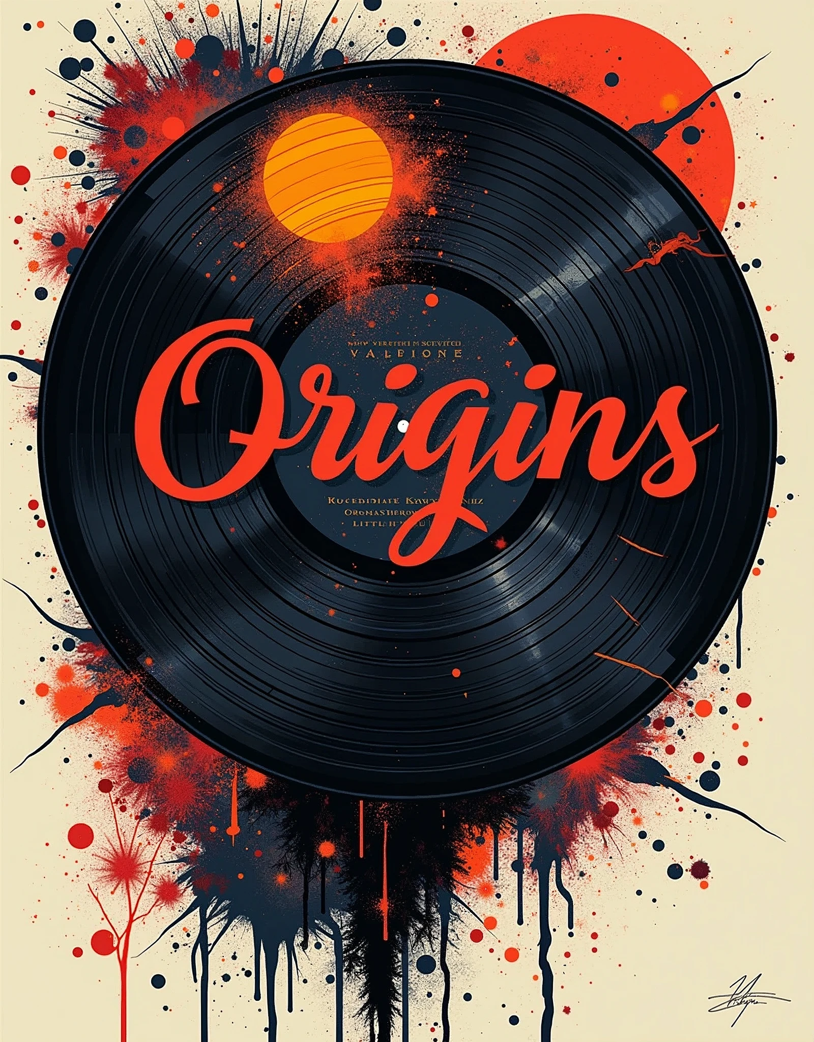 (masterpiece:1.2),(Highest quality),(Very detailed),(Ultra-high resolution),(Best illustrations),8k,wallpaper,Music record jacket design,Acid Jazz,Vector art,Flat Design,Band name"Origins "Display as text,(The overall design is monochrome with pop colors for the text.:2.0)