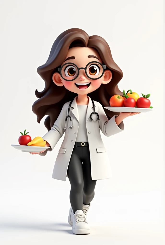 Create a 3D cartoon image of a white adult anime girl, de corpo inteiro, long brown curly hair, round glasses, light brown eyes, Grinning, white blouse, white labcoat, stethoscope, black pants, White sneakers, with a plate in one hand and a tray of fruit in the other