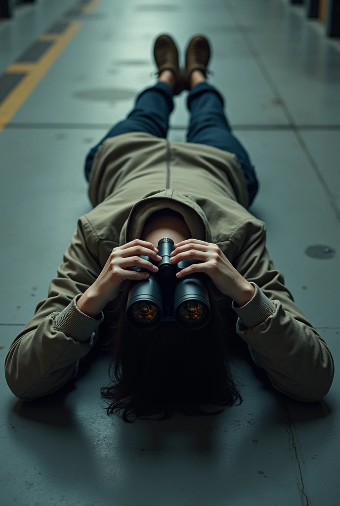 A horizontal image of a person lying face down on the floor looking through binoculars
