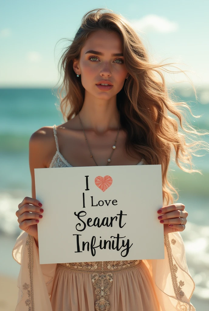 Beautiful girl with wavy long hair, bohemian dress, holding a white board with text "I Love Seaart Infinity" and showing it to the viewer