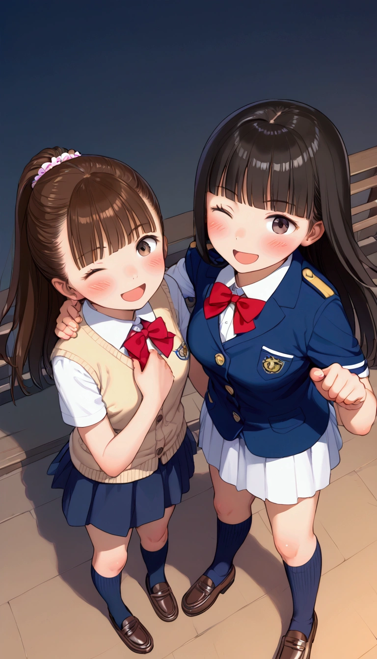 {Highest quality}, {Super beautiful},{Ultra fine},{Best illustration},Brown Hair,Hime cut,long hair,ponytail,One woman,Standing Woman,Strike a pose,Adult women,smile,Excited face,Wink,uniform,cardigan,Short sleeve,skirt,Night Festival,Blushing,Slender,Black knee-high socks,Black Loafers,From an angle,From above,Spread your legs,blow a kiss with one hand