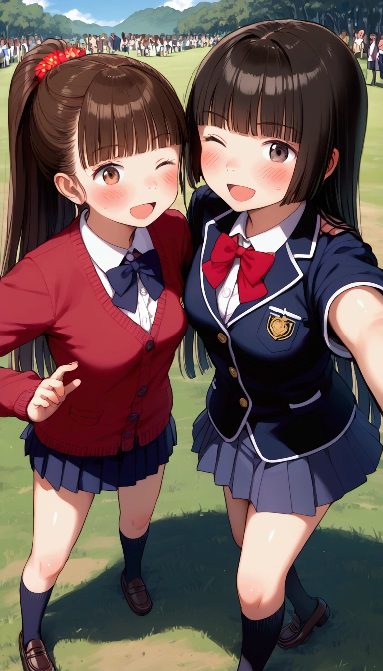 {Highest quality}, {Super beautiful},{Ultra fine},{Best illustration},Brown Hair,Hime cut,long hair,ponytail,One woman,Standing Woman,Strike a pose,Adult women,smile,Excited face,Wink,uniform,cardigan,Short sleeve,skirt,Night Festival,Blushing,Slender,Black knee-high socks,Black Loafers,From an angle,From above,Spread your legs,blow a kiss with one hand