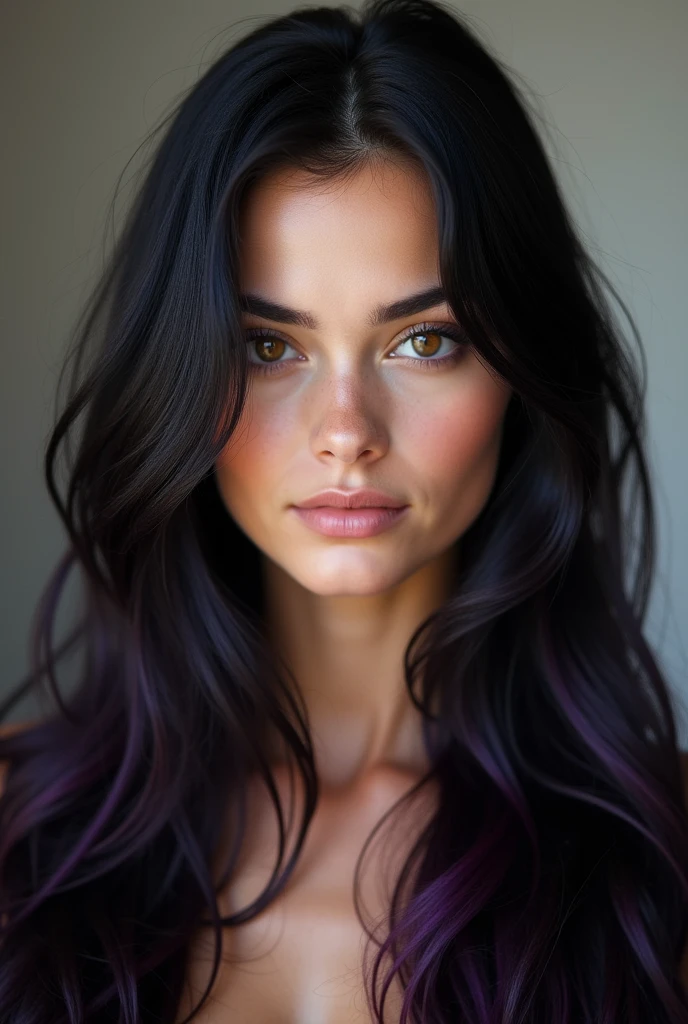 23 year old model woman, long black hair with light purple highlights, amber eyes, photo realist