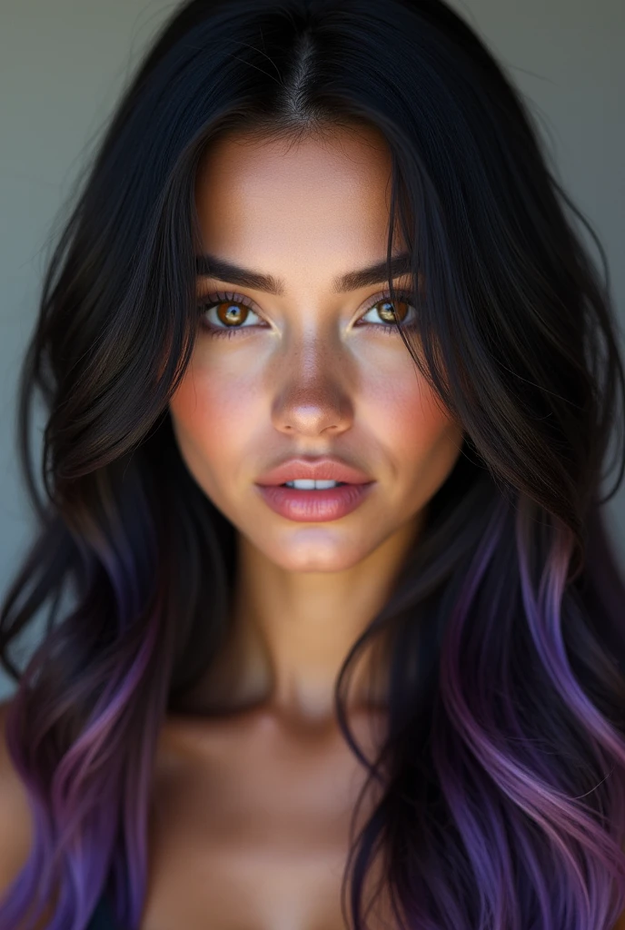 23 year old model woman, long black hair with light purple highlights, amber eyes, photo realist