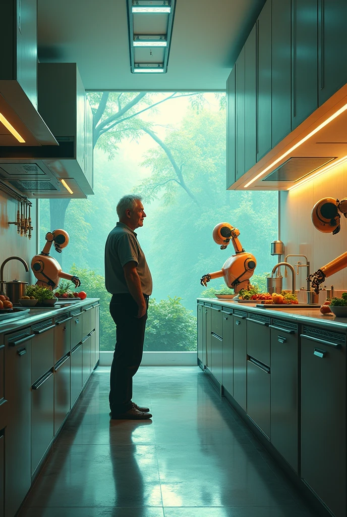 George in a high-tech kitchen with robotic arms doing chores "the veldt"