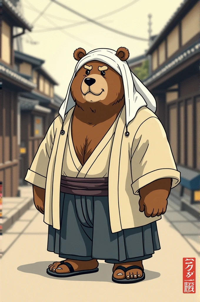 Explaining the illustration of a bear in the style of an old man from Edo。
This bear、This character is based on the image of a stylish and stubborn old Edokko man.。His face looked a little grim.、Even with a frown on his face、He has a somewhat friendly expression.。Wrap a hand towel around your head、Wearing a kimono or haori、On her feet she wears sandals.。The figure is a little chubby、The protruding belly also gives off an Edokko-like vibe.。In the background、The simple design is reminiscent of the streets of Edo.、The overall design is Japanese-style and uses subdued colors.。