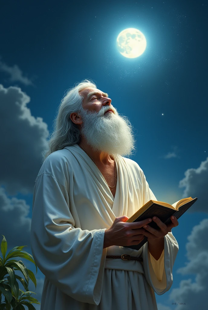 Generates a man with a beard and white hair, looking at the sky with a white tunic and a glow coming out of his head, in his hands a palm leaf and a book, with a night background with the moon and stars